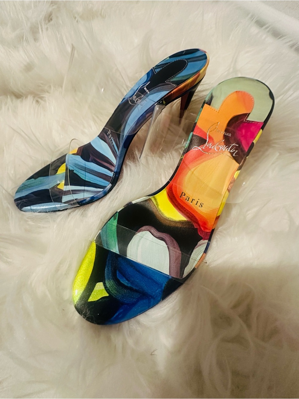 Christian Louboutin Multicolor Abstract Print Clear-Strap Heels